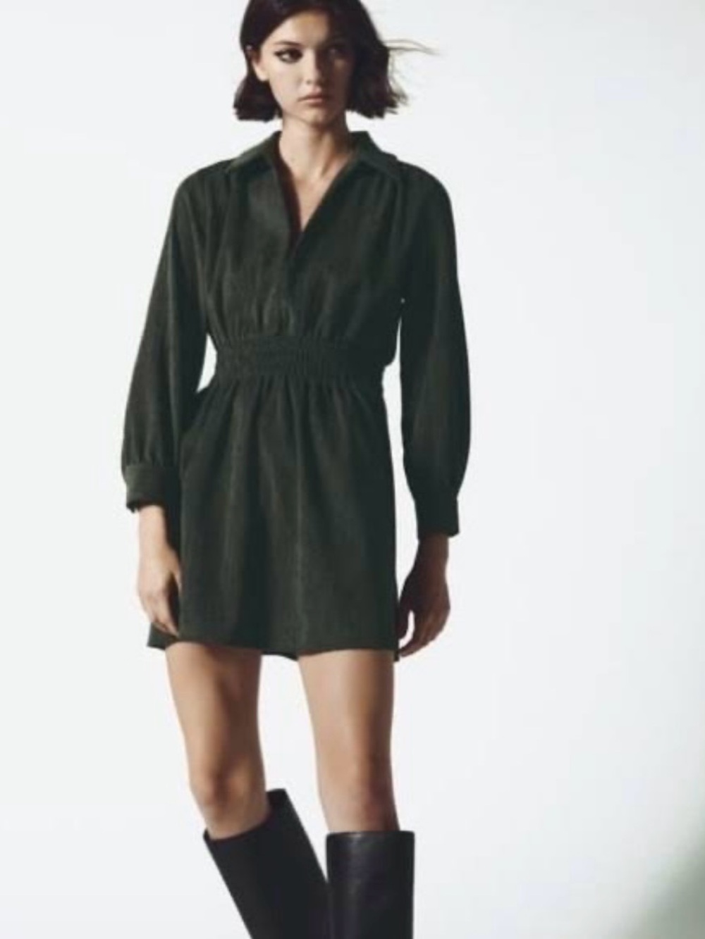 Zara Dark Olive Mini Dress with Smocked Waist